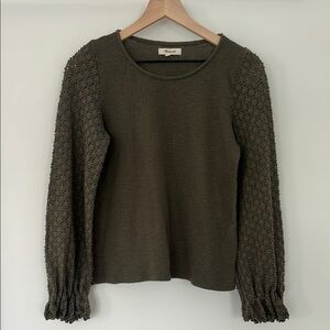 Madewell Dark Green Sweater with Textured Poofy Sleeves XS
